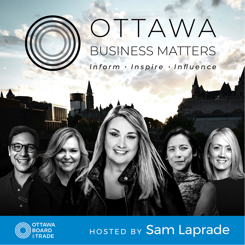 Visual representation of the Ottawa Business Matters Podcast, with a microphone and cityscape, emphasizing local business insights.